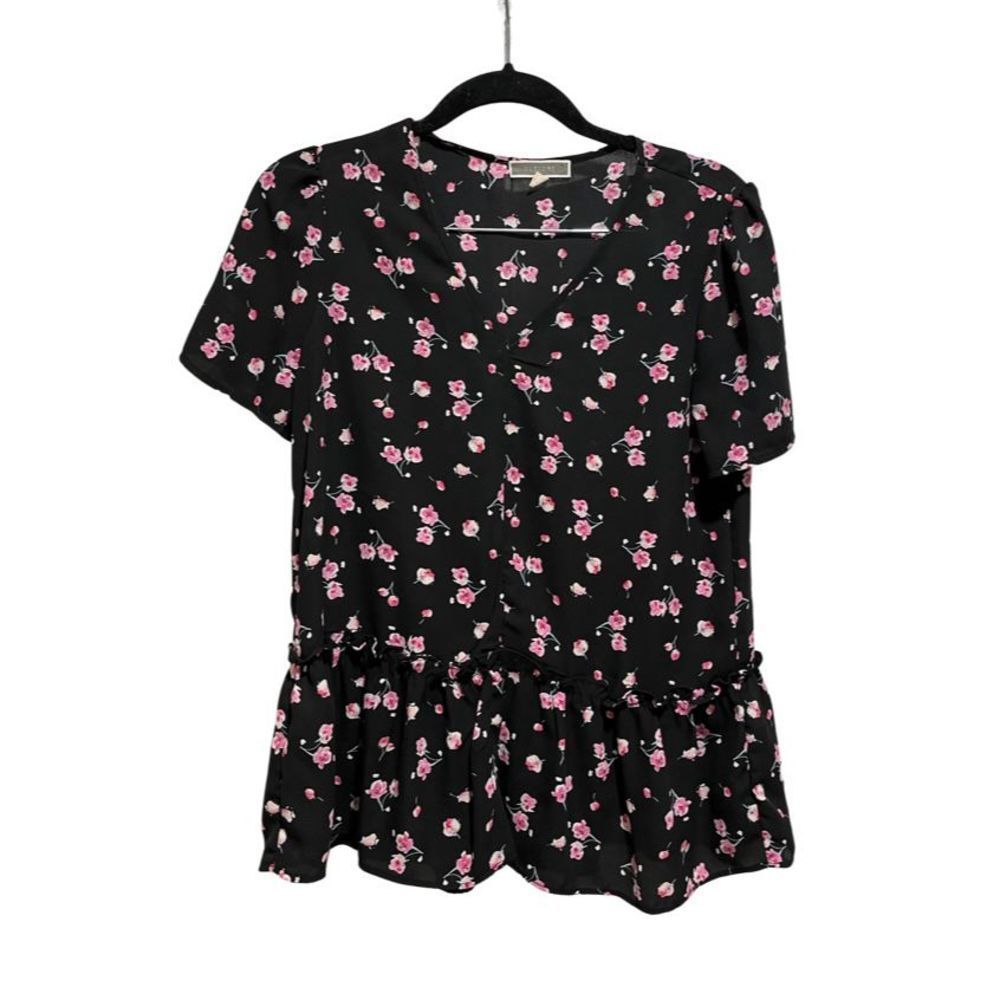 Pleione Sheer Black Floral Tiered Blouse